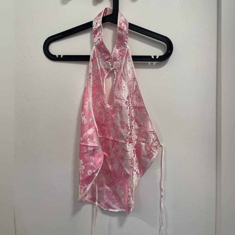 Chinese Satin Halter Top Baby Pink Floral
